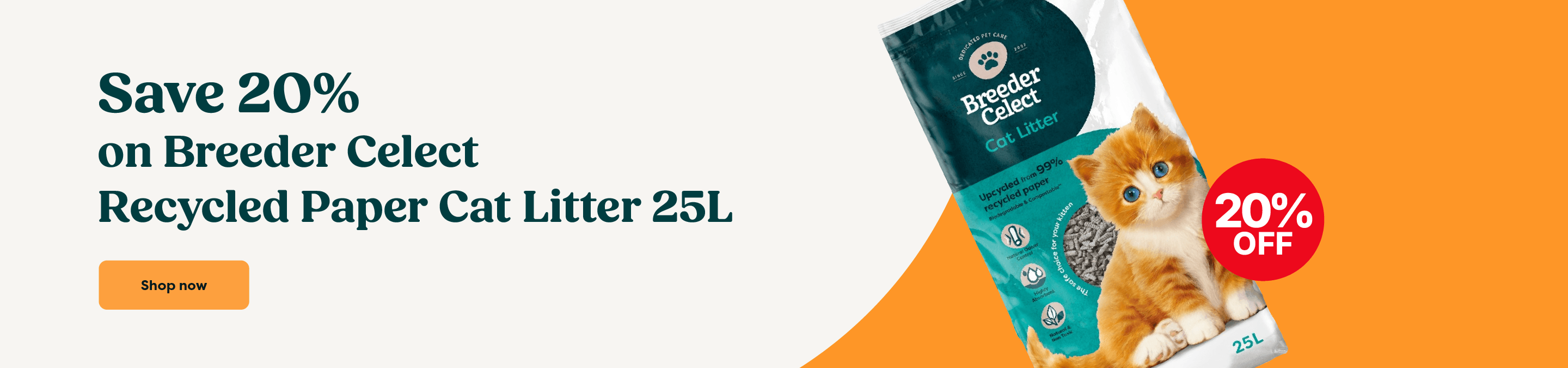 Save 20% on Breeder Celect Recycled Paper Cat Litter 25L at The PharmPet Co.